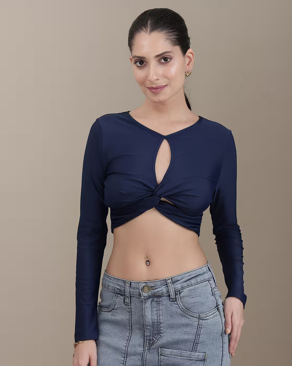 Dressbees Bohemian Fitted Full Sleeve Twisted Front Cut-Out Detail Crop Top