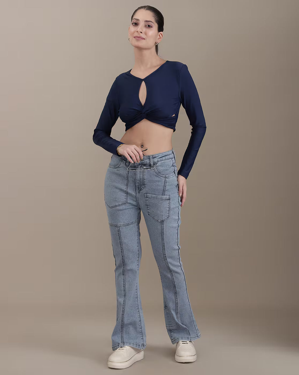 Dressbees Bohemian Fitted Full Sleeve Twisted Front Cut-Out Detail Crop Top