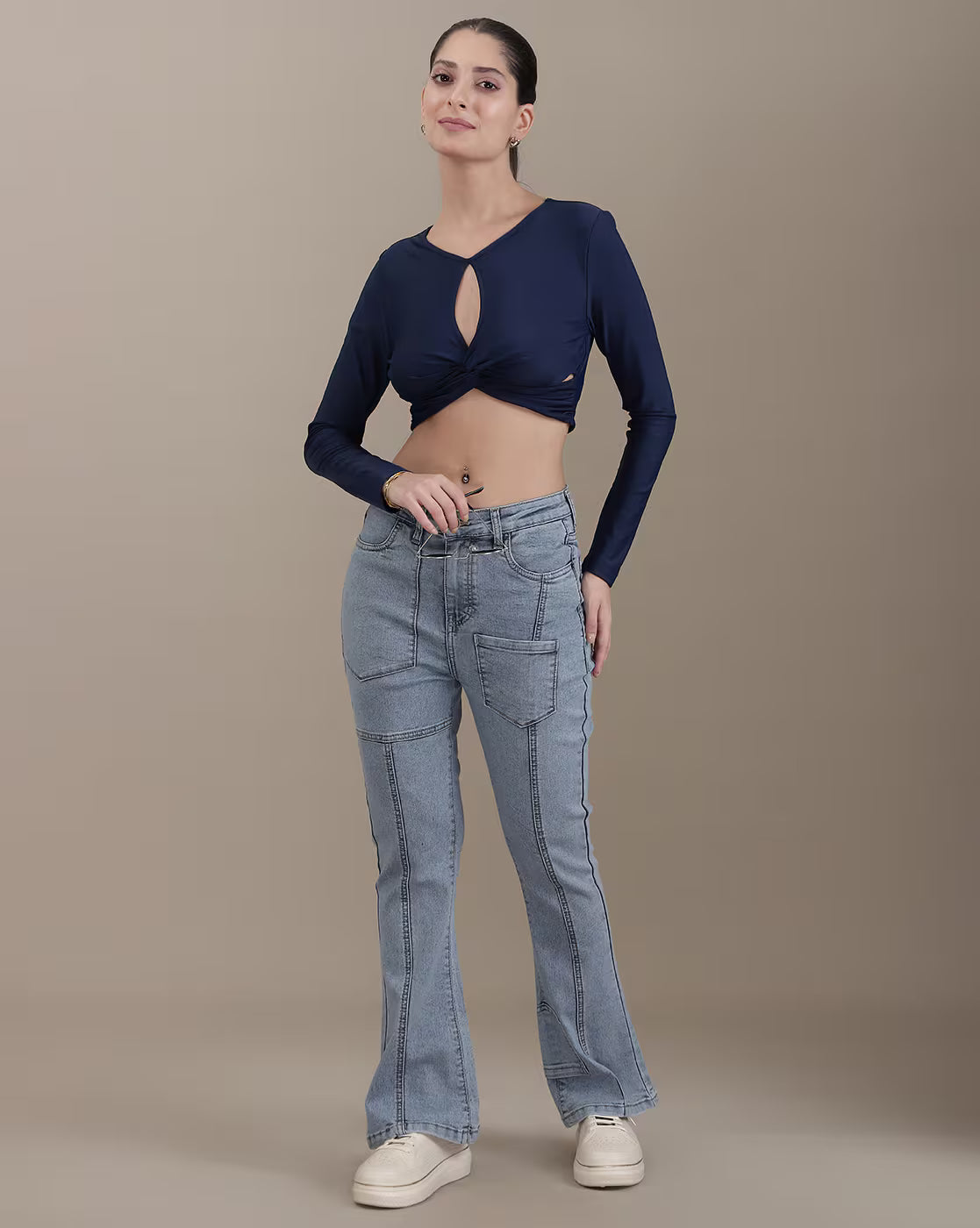 Dressbees Bohemian Fitted Full Sleeve Twisted Front Cut-Out Detail Crop Top