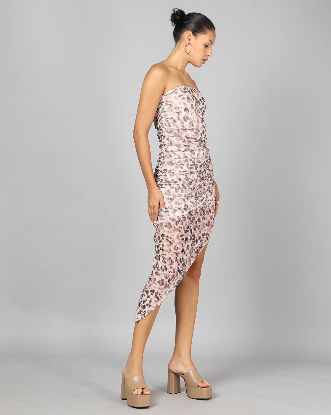 Party Strapless Animal Print Ruched Bodycon Dress