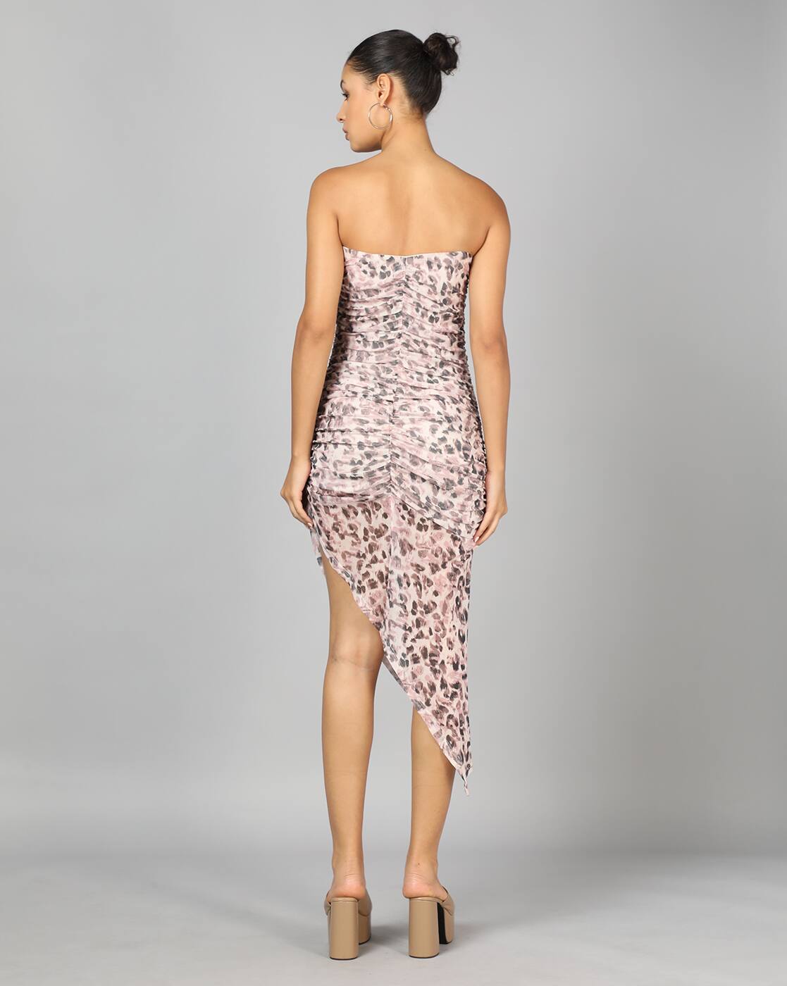 Party Strapless Animal Print Ruched Bodycon Dress