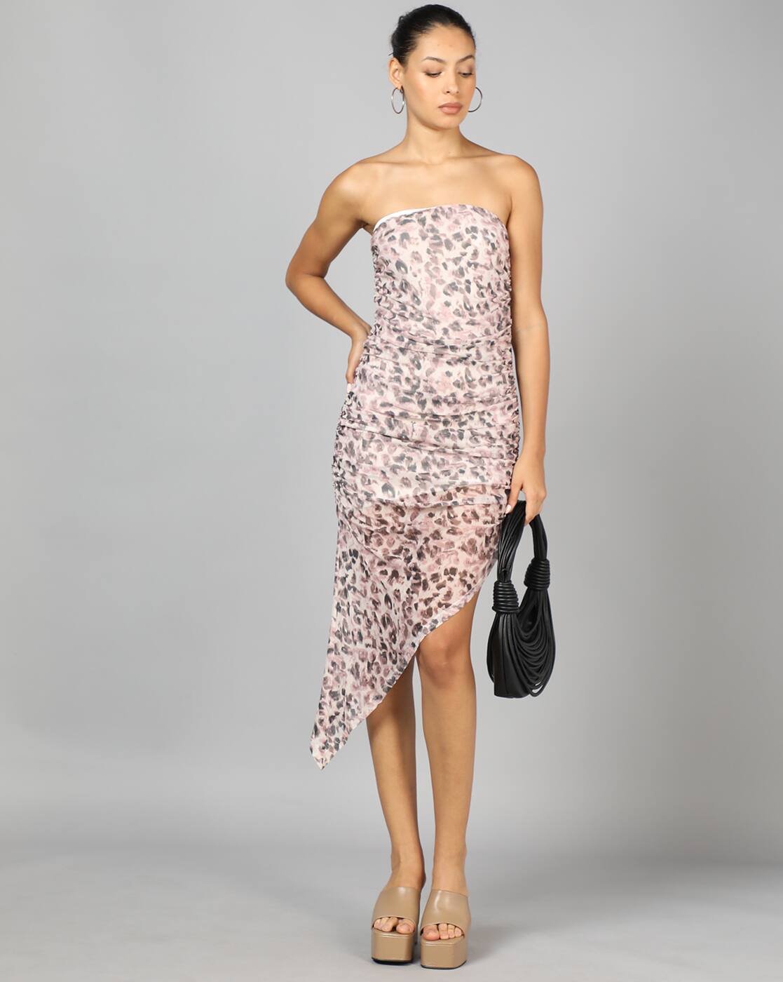 Party Strapless Animal Print Ruched Bodycon Dress