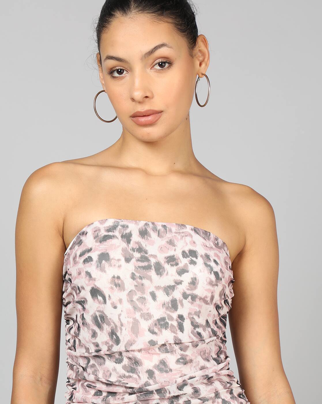 Party Strapless Animal Print Ruched Bodycon Dress