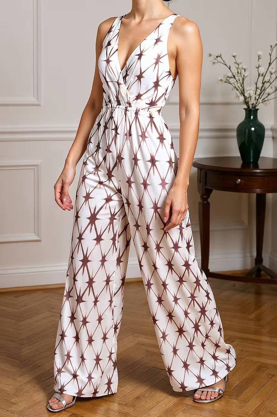 Bohemian Sleeveless Abstract Print Backless Jumpsuit