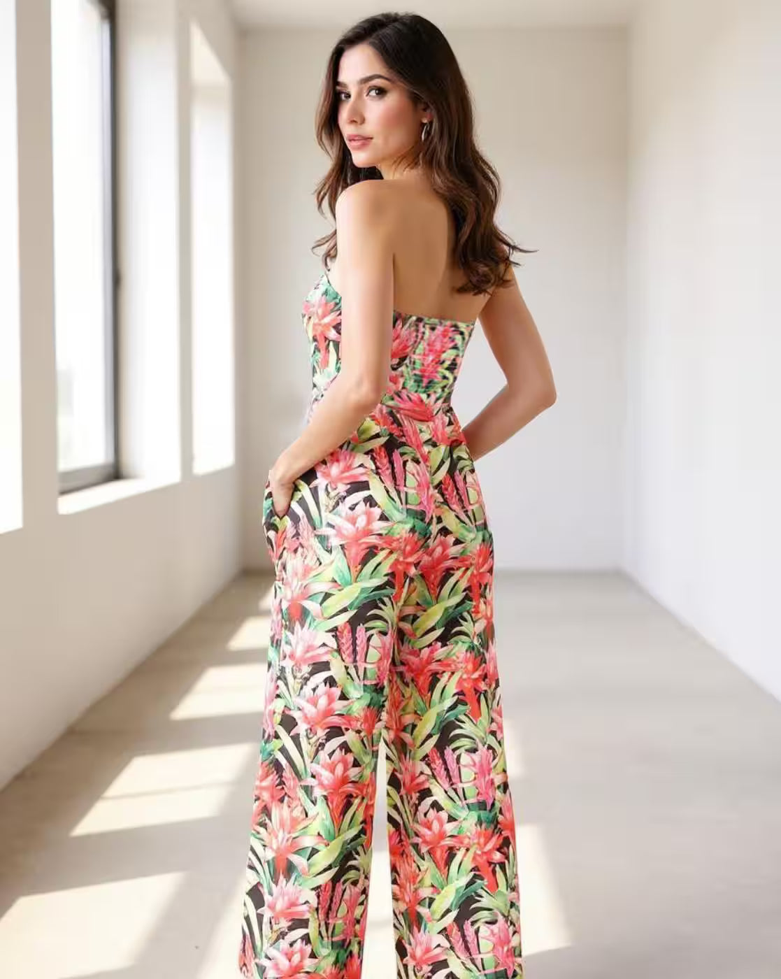 Strapless Smocked Back Tropical Print Jumpsuit