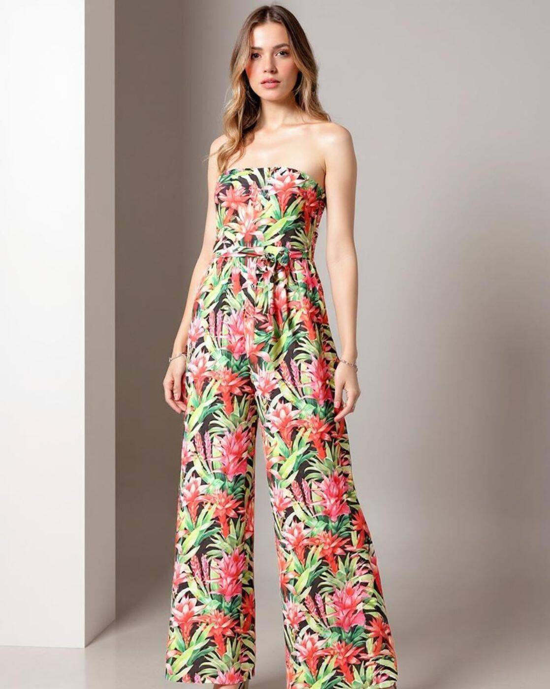 Strapless Smocked Back Tropical Print Jumpsuit