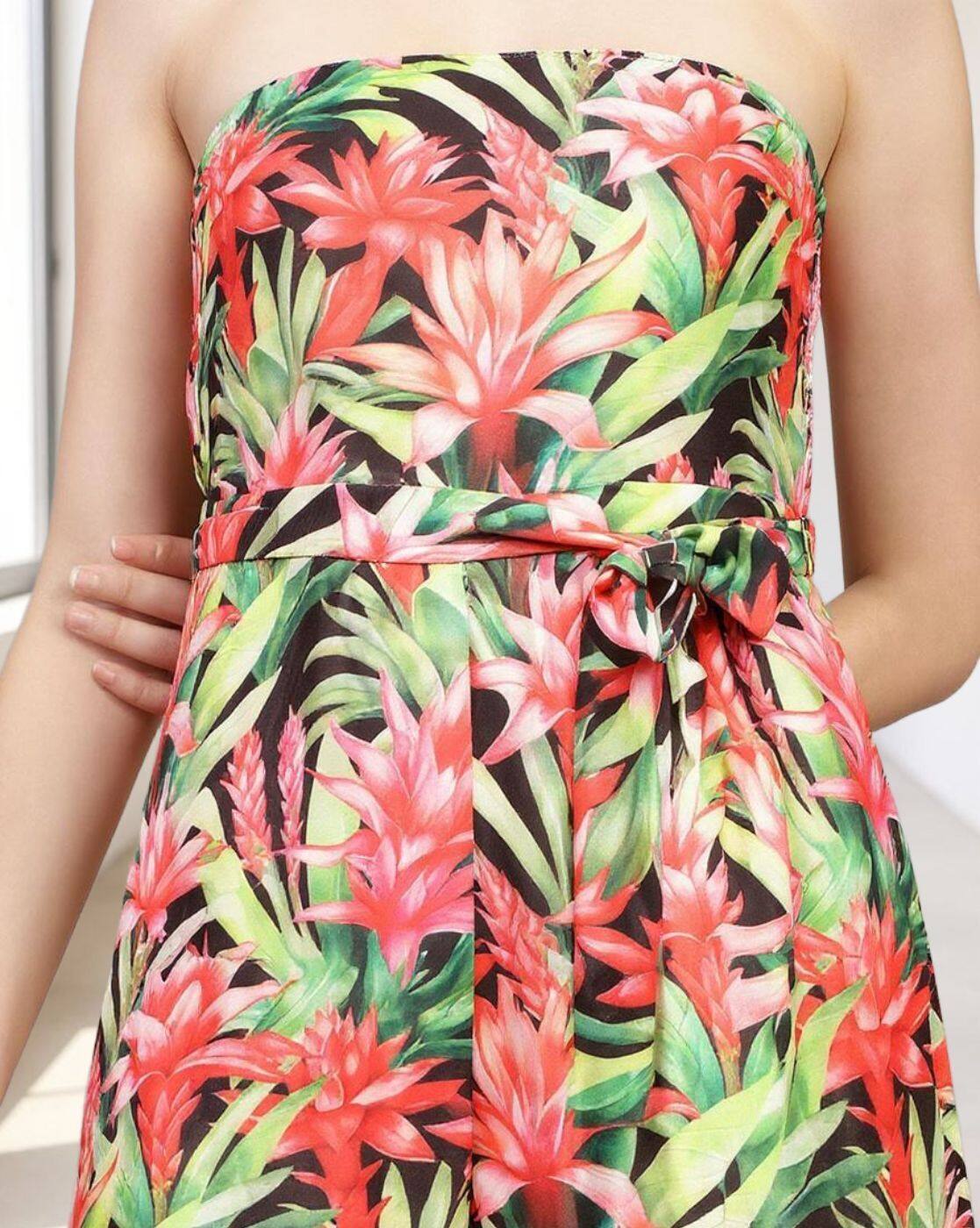 Strapless Smocked Back Tropical Print Jumpsuit