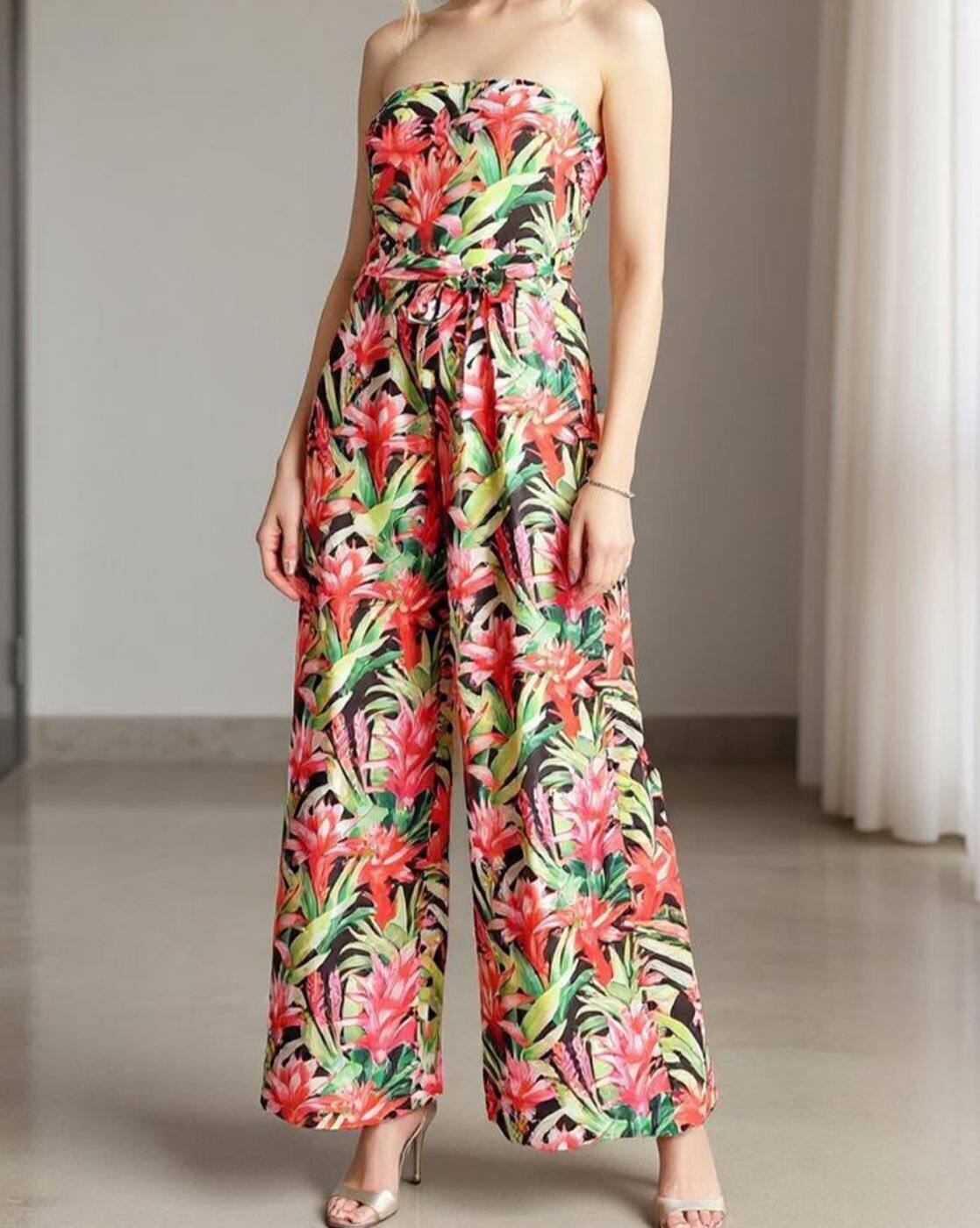 Strapless Smocked Back Tropical Print Jumpsuit