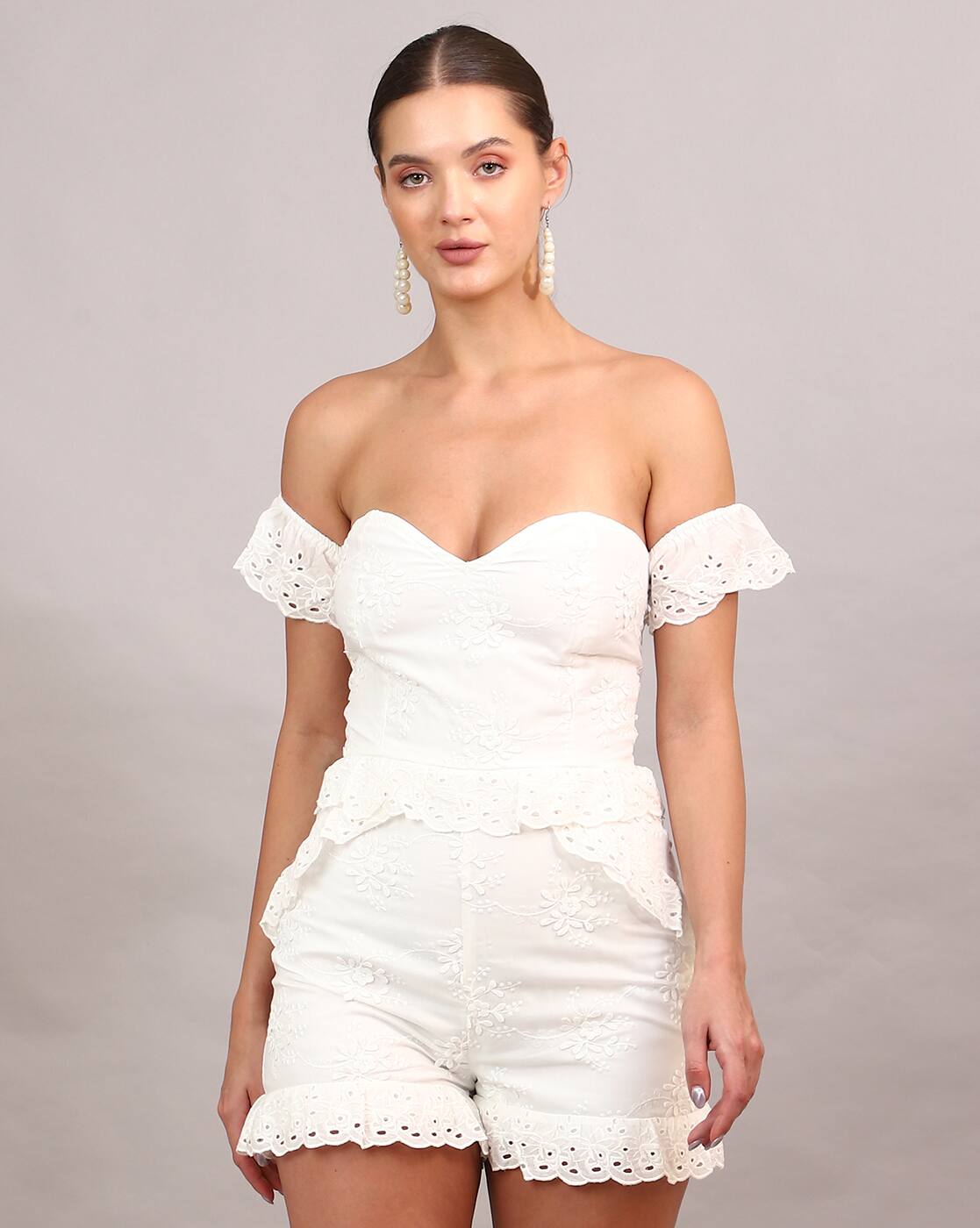 Off Shoulder Back Lace-Up Eyelet Playsuit