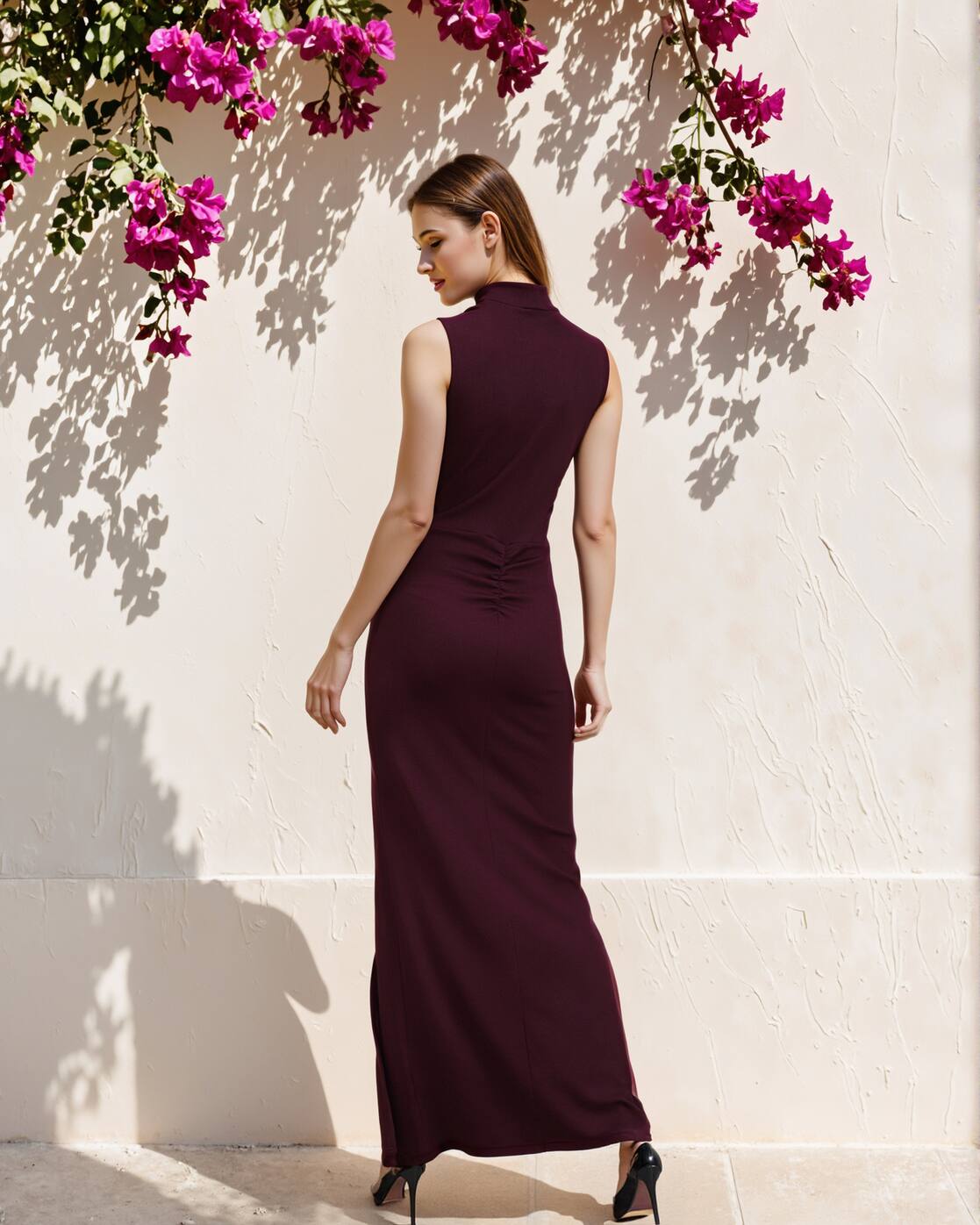 High Neck Sleeveless Ruched Bodycon Dress