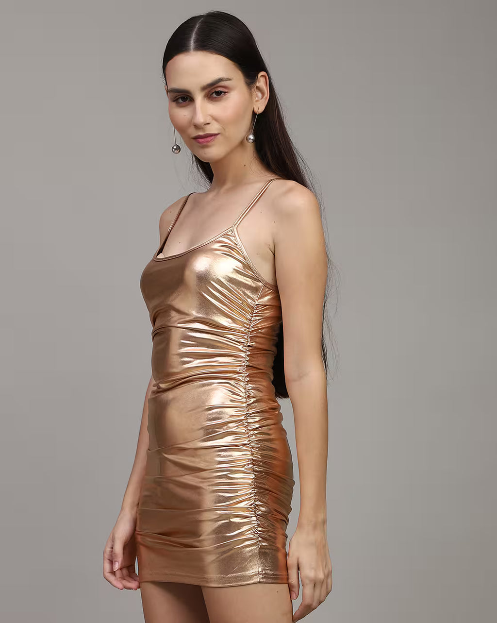 gold spaghetti ruched dress
