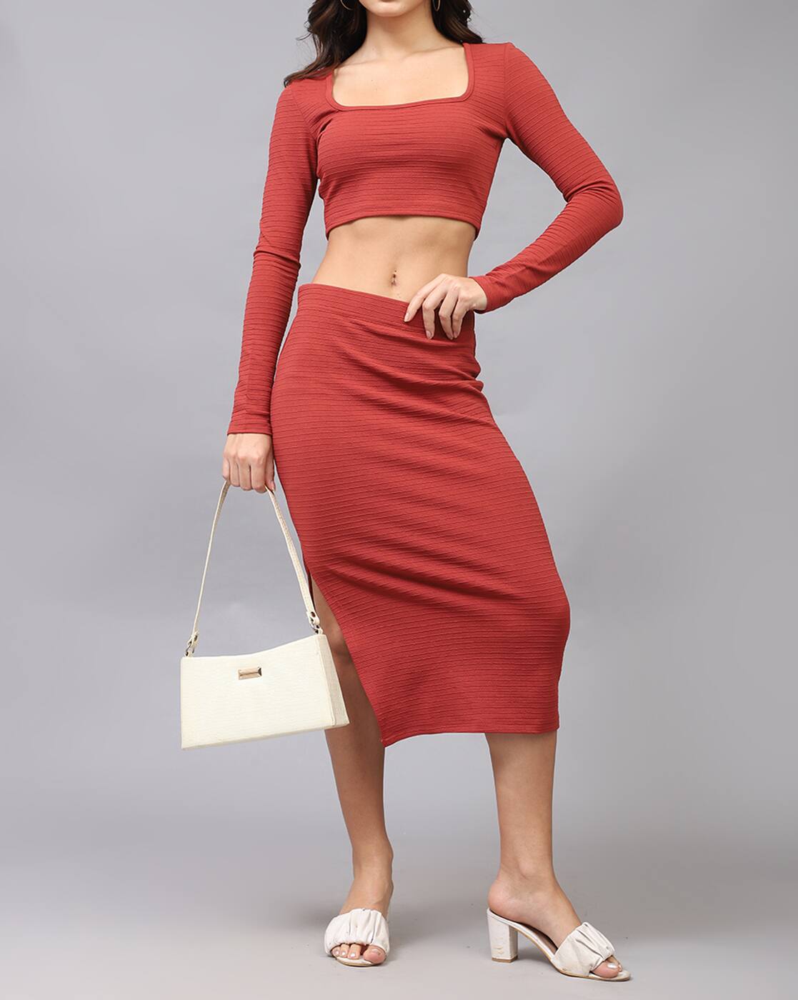 Dressbees Full Sleeves Textured Crop Top with Slit Skirt