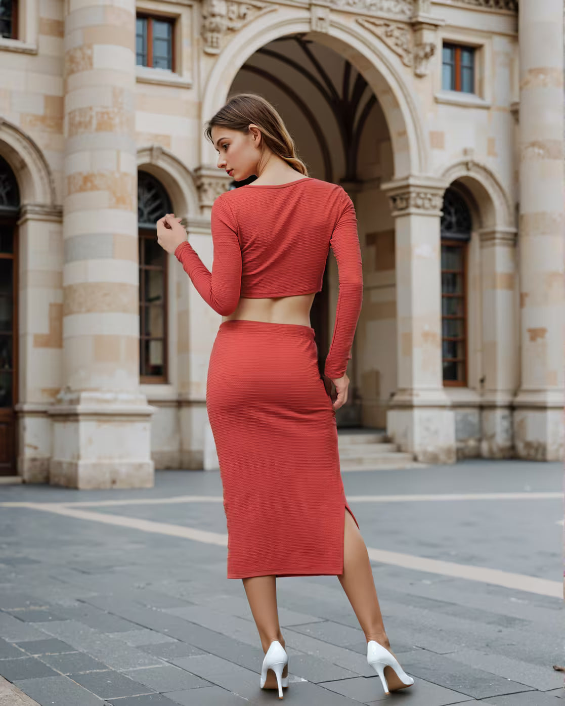 Full Sleeves Textured Crop Top with Slit Skirt