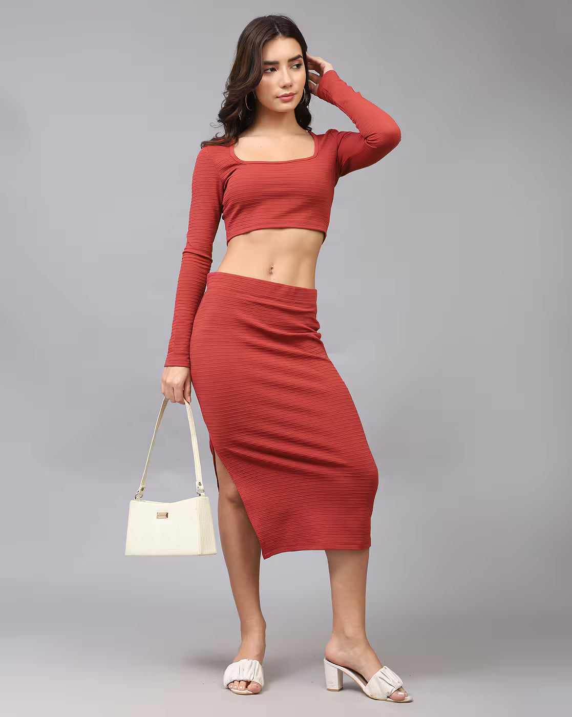 Dressbees Full Sleeves Textured Crop Top with Slit Skirt