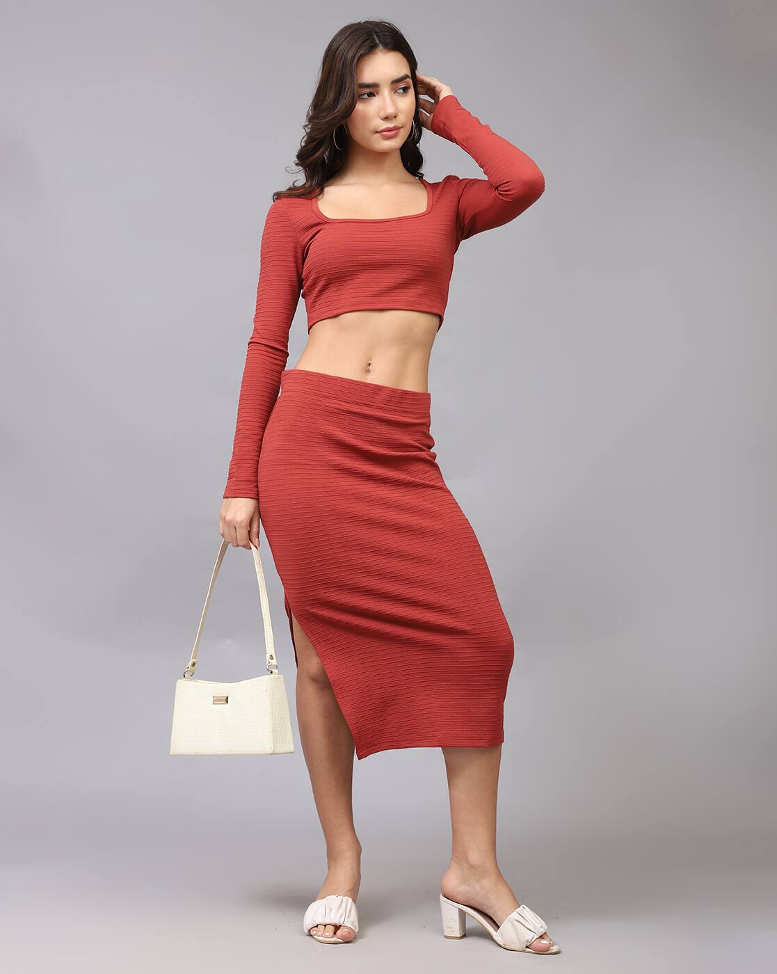 Full Sleeves Textured Crop Top with Slit Skirt