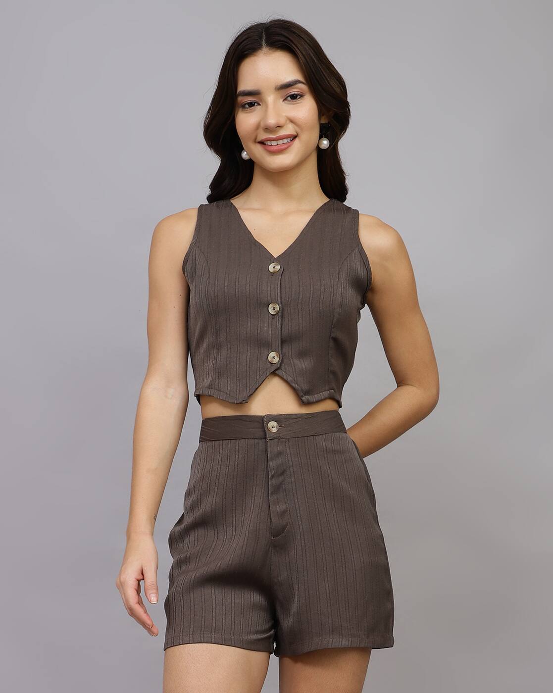 Sleeveless Textured Crop Waistcoat with Shorts