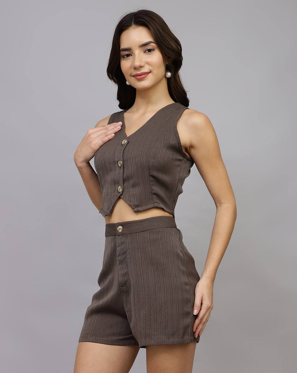 Sleeveless Textured Crop Waistcoat with Shorts