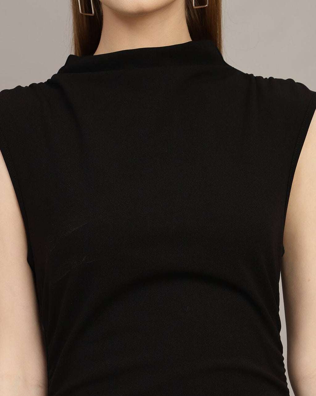 Mock Neck Extended Sleeves Ruched Bodycon