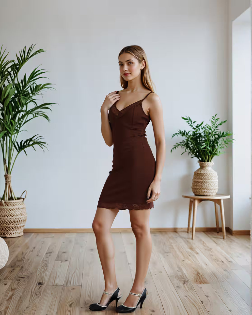 Spaghetti Strap Lace Trim Mini Bodycon Dress