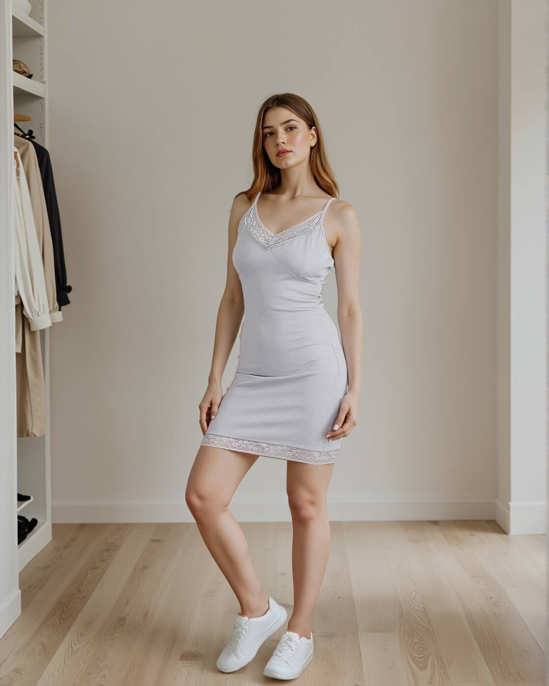 Spaghetti Strap Lace Trim Ribbed Bodycon Dress