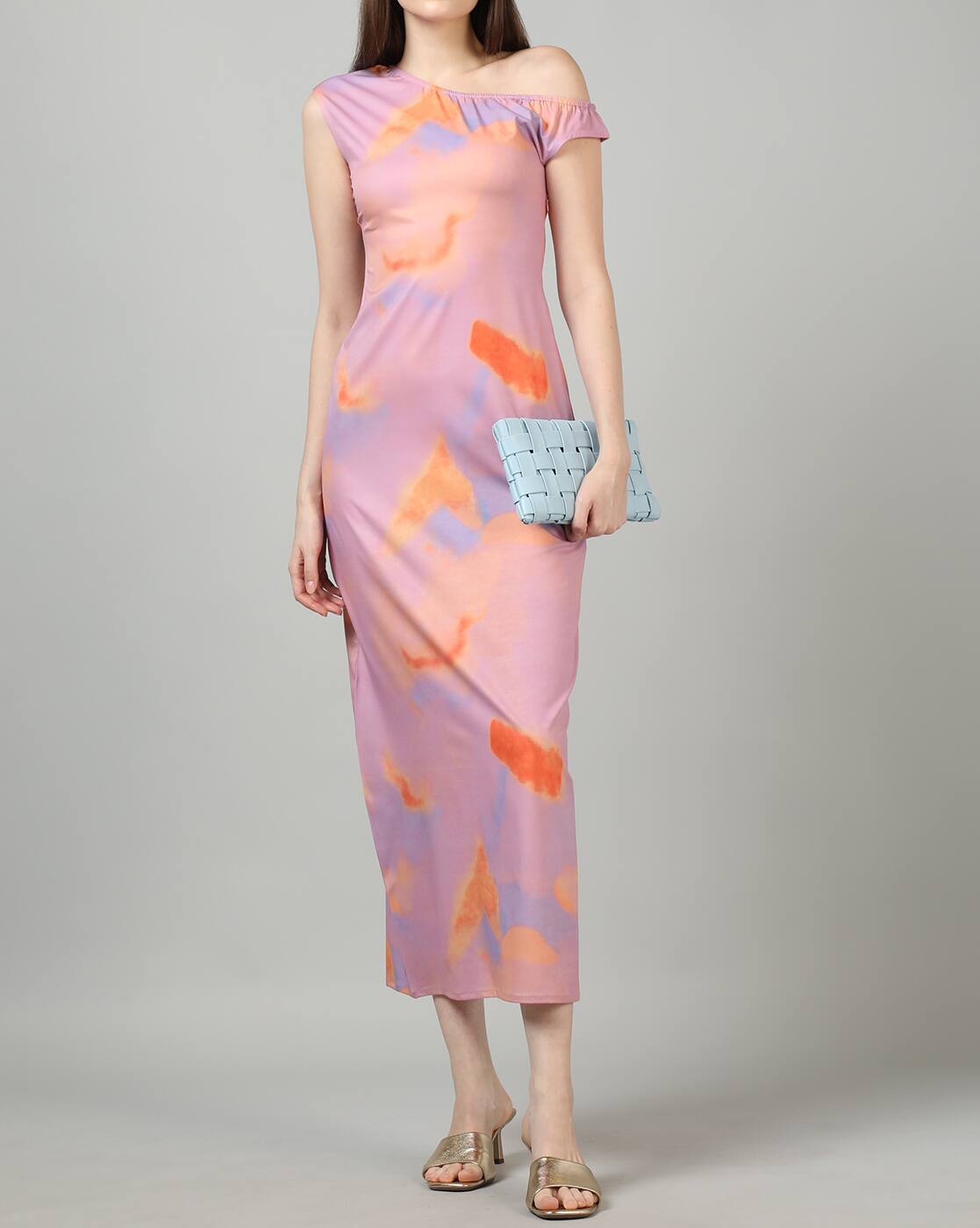 One Shoulder Tie and Dye Print Maxi Sheath Dress