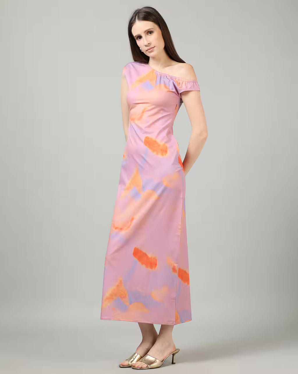 One Shoulder Tie and Dye Print Maxi Sheath Dress