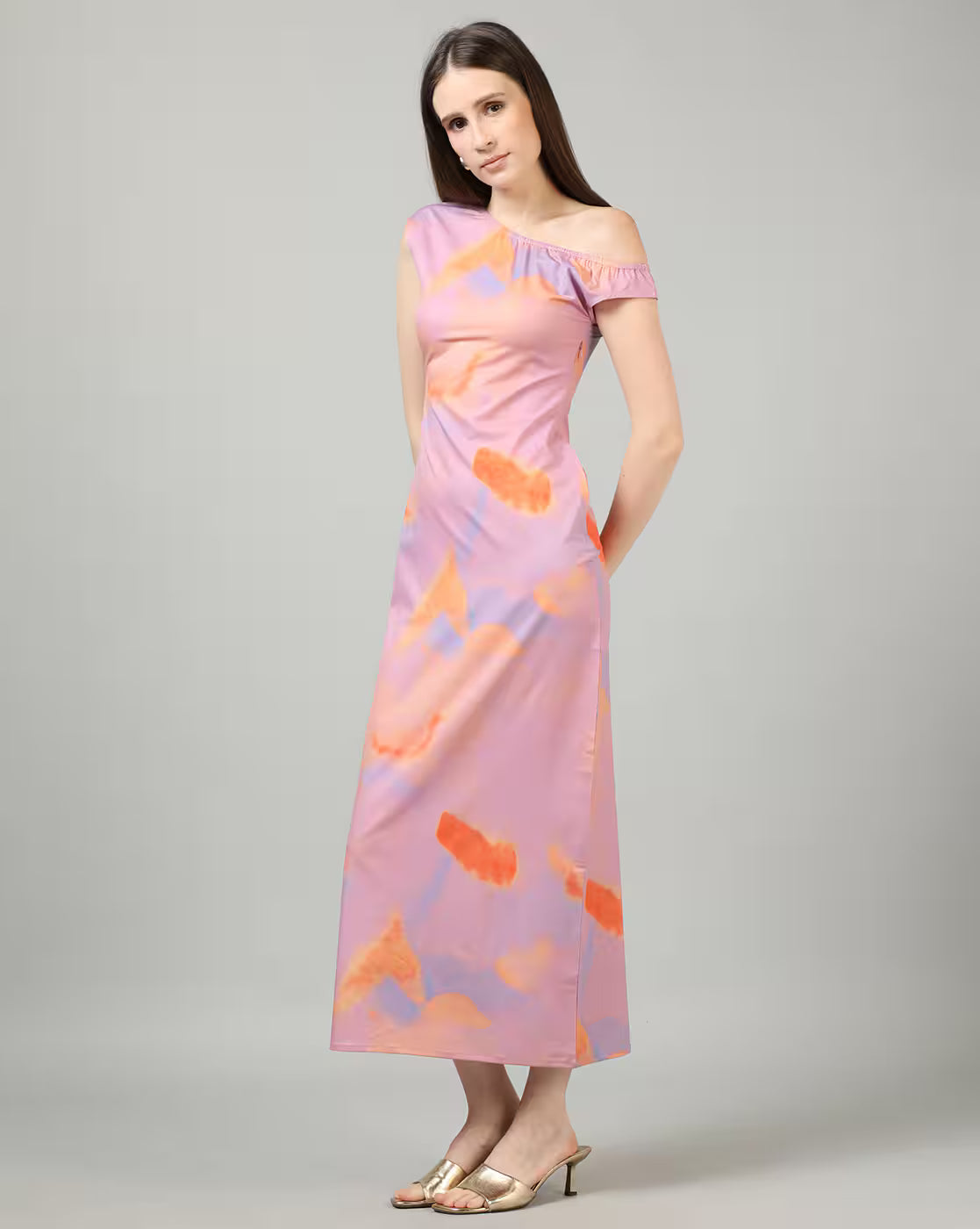 One Shoulder Tie and Dye Print Maxi Sheath Dress