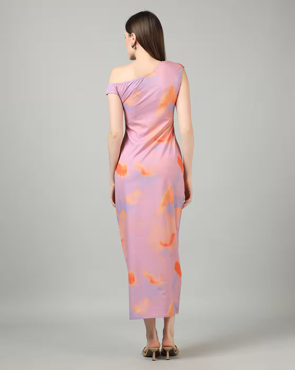 One Shoulder Tie and Dye Print Maxi Sheath Dress