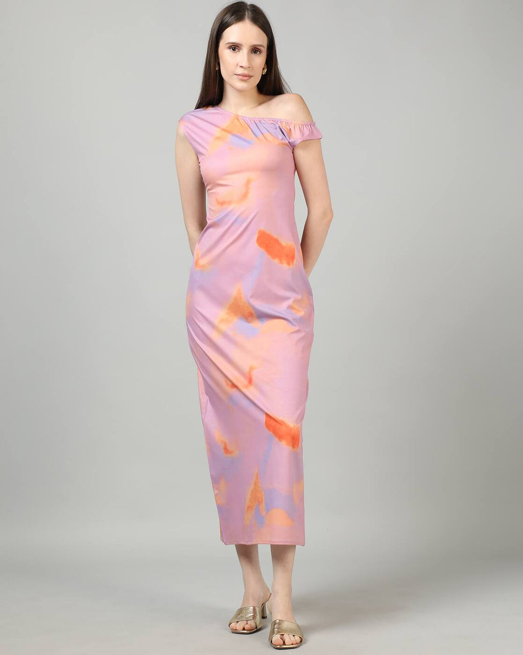One Shoulder Tie and Dye Print Maxi Sheath Dress