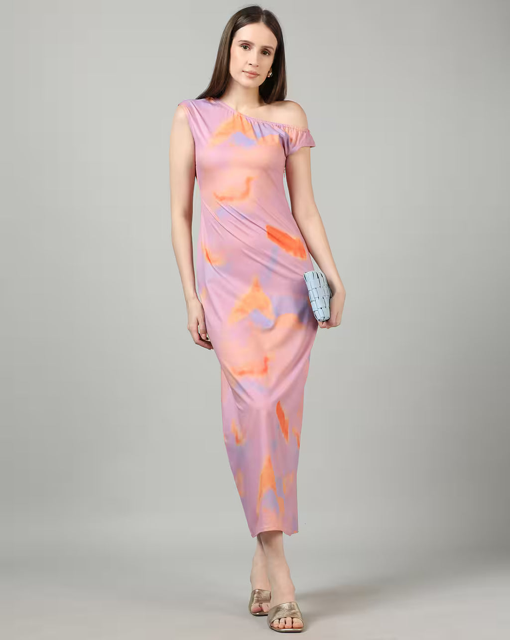 One Shoulder Tie and Dye Print Maxi Sheath Dress