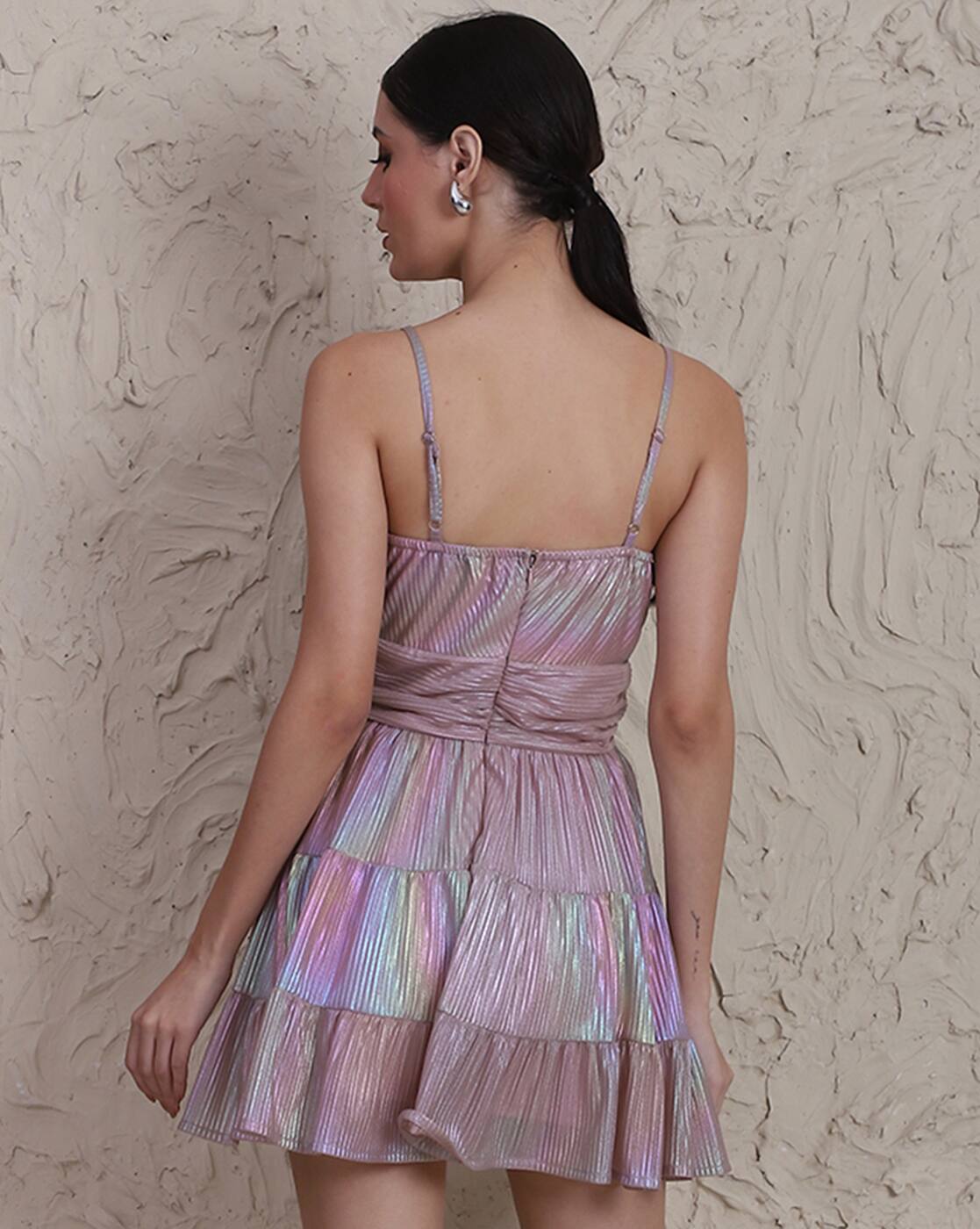 spaghetti straps ruched mini tiered dress