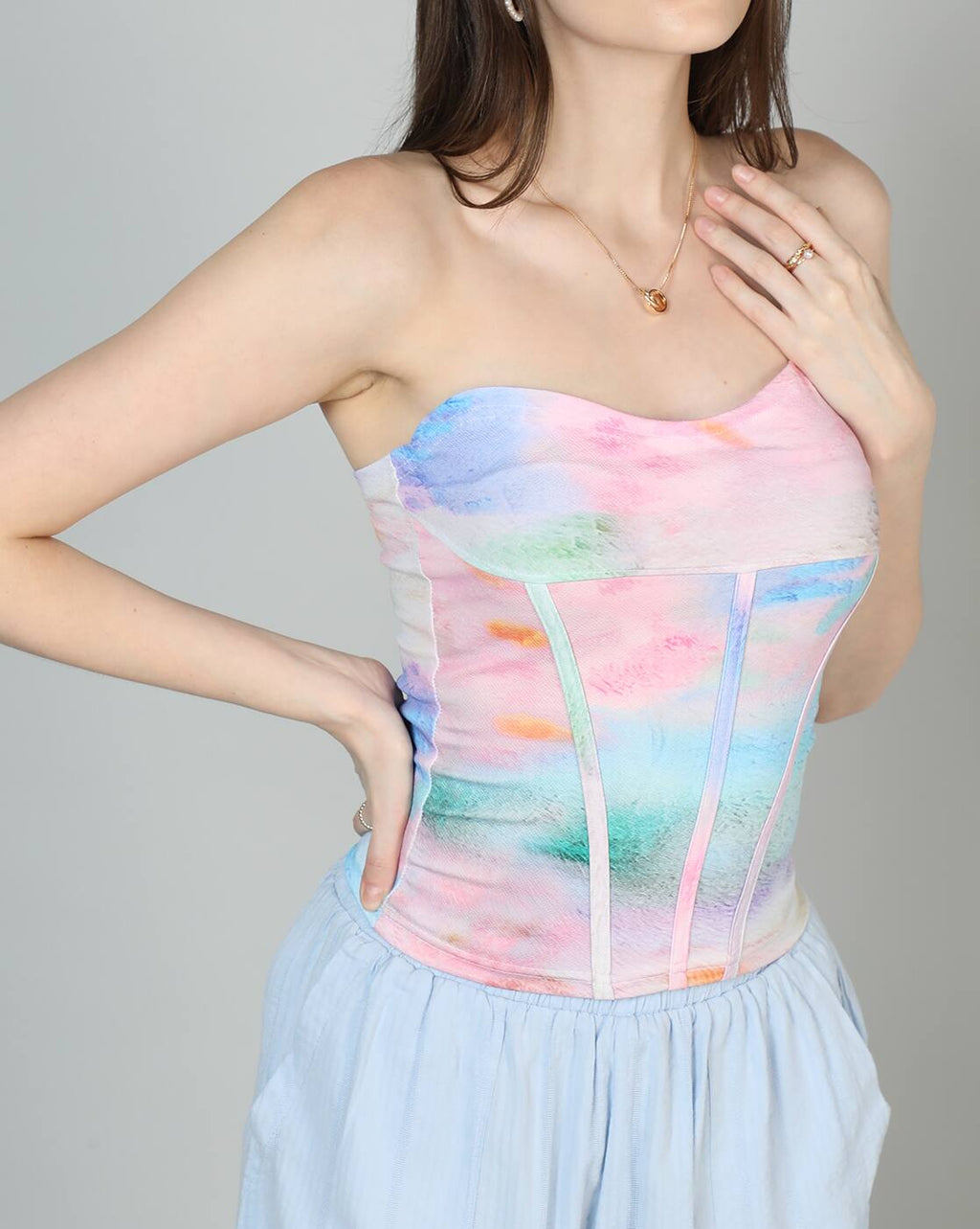 Medium Length Strapless Tie And Dye Fitted Corset Top