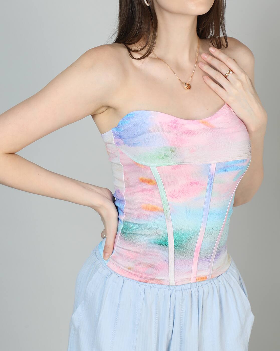 Medium Length Strapless Tie And Dye Fitted Corset Top