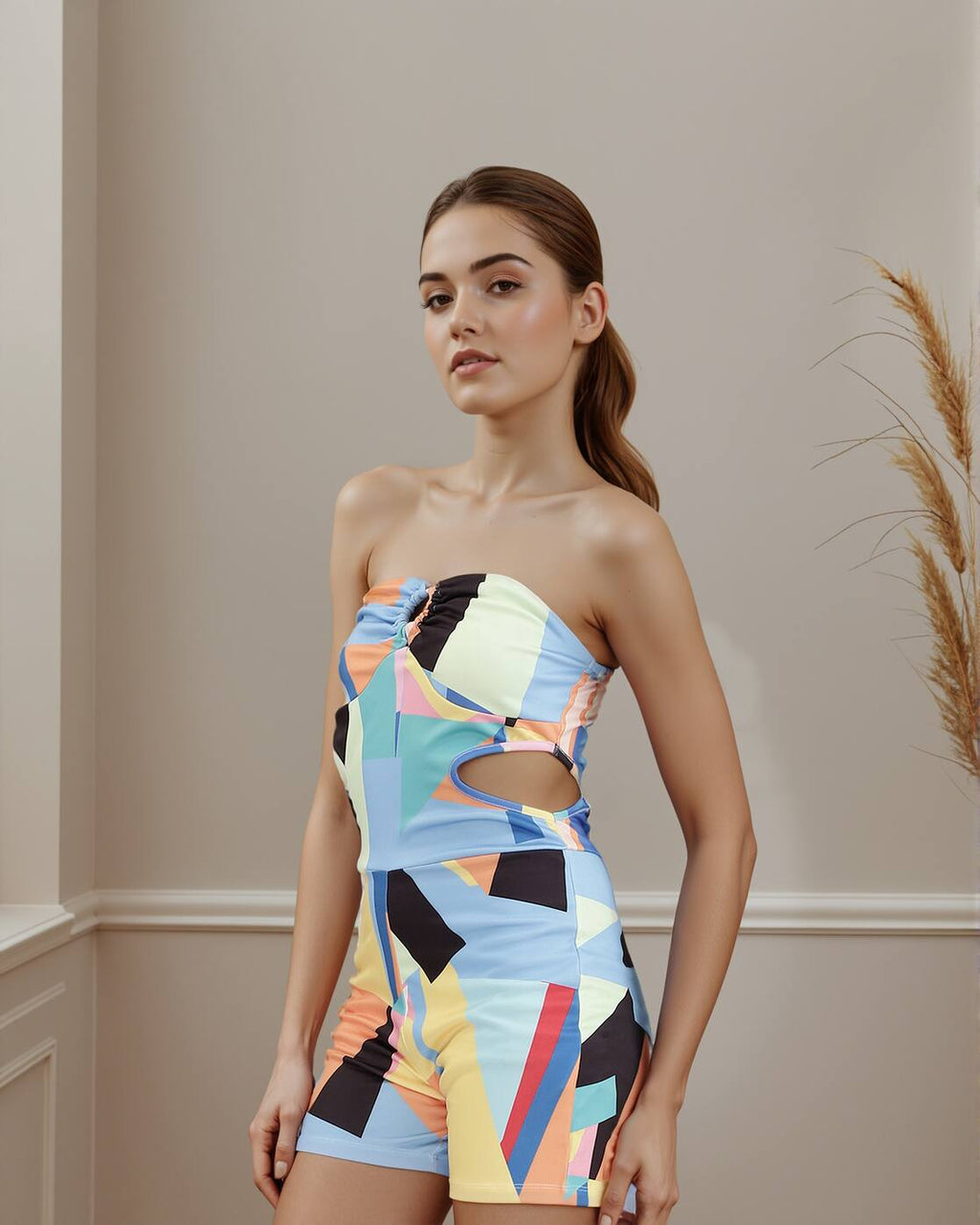 Strapless Side Cut-Out Geometric Print Playsuit