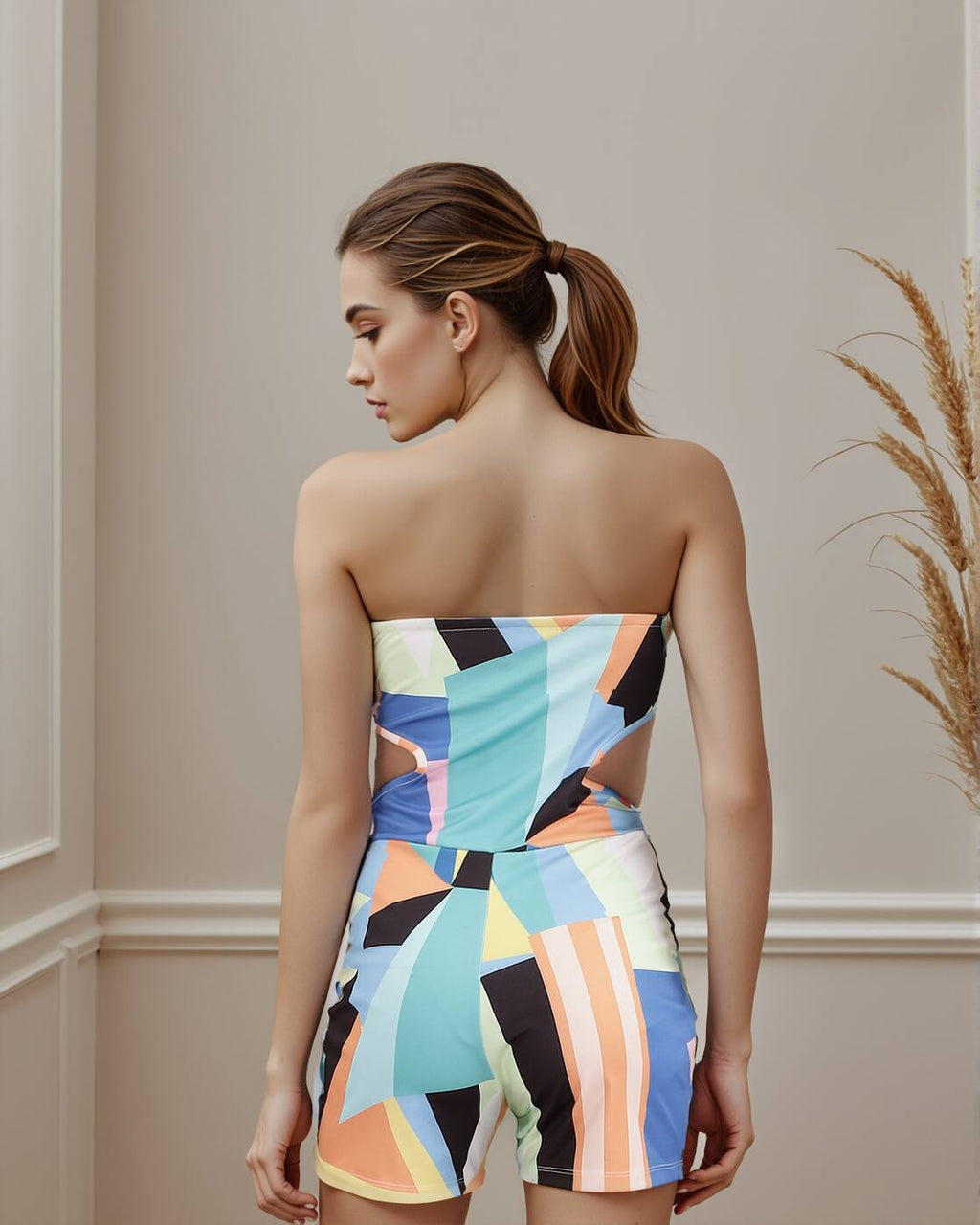 Strapless Side Cut-Out Geometric Print Playsuit