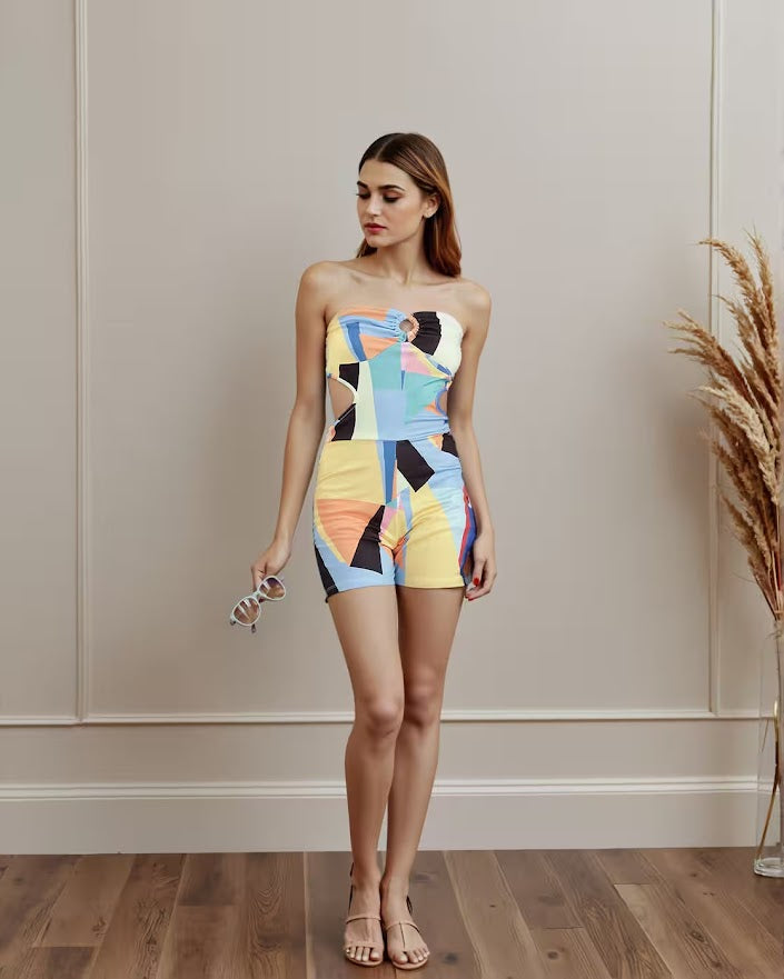 Strapless Side Cut-Out Geometric Print Playsuit