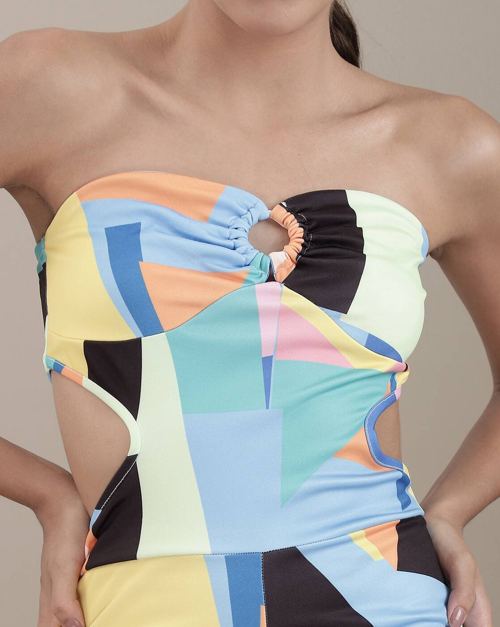 Strapless Side Cut-Out Geometric Print Playsuit