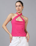 Criss-Cross Halter Neck Vented Hem Fitted Short Top