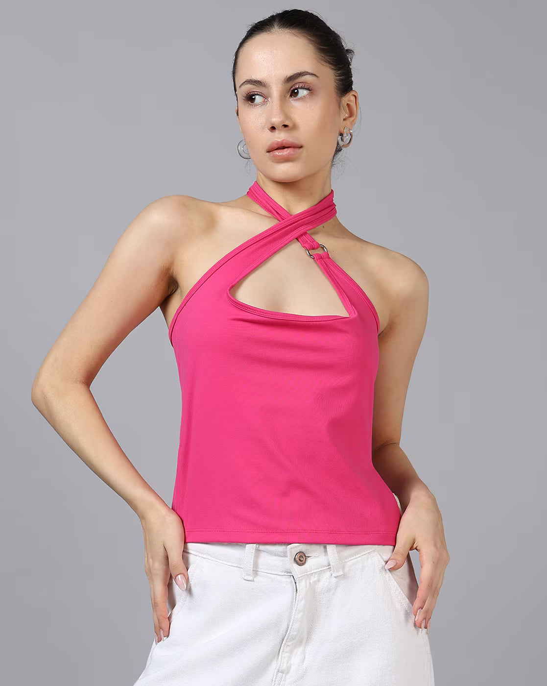 Criss-Cross Halter Neck Vented Hem Fitted Short Top