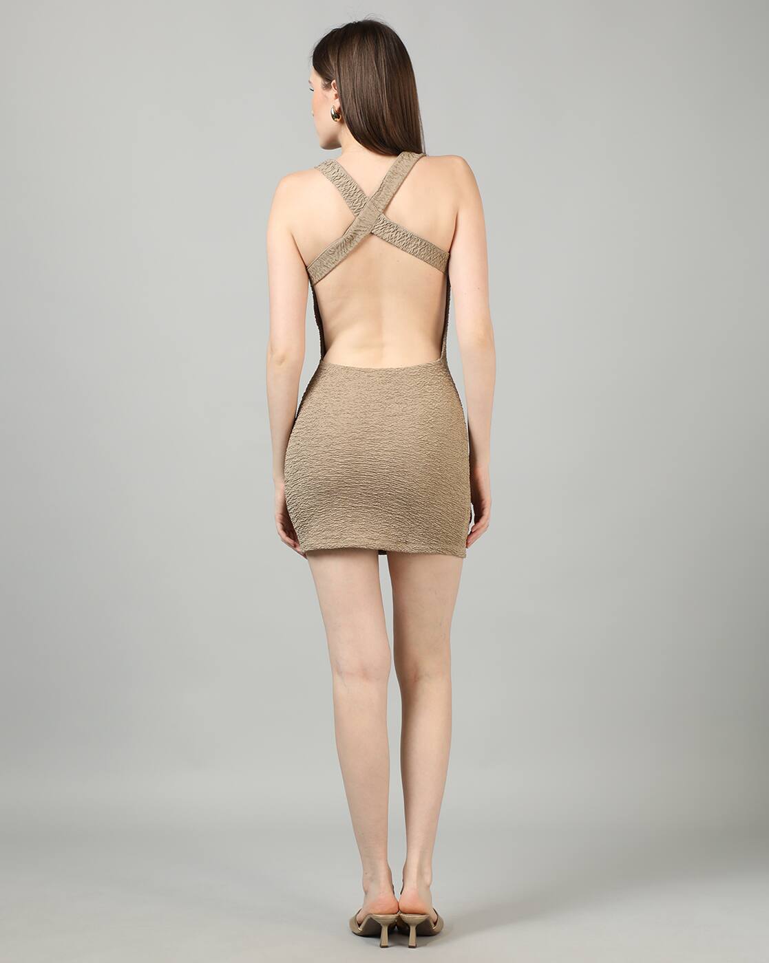 Bold Sleeveless Textured Backless Mini Bodycon Dress