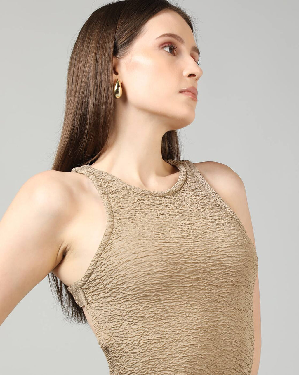 Dressbees Bold Sleeveless Textured Backless Mini Bodycon Dress