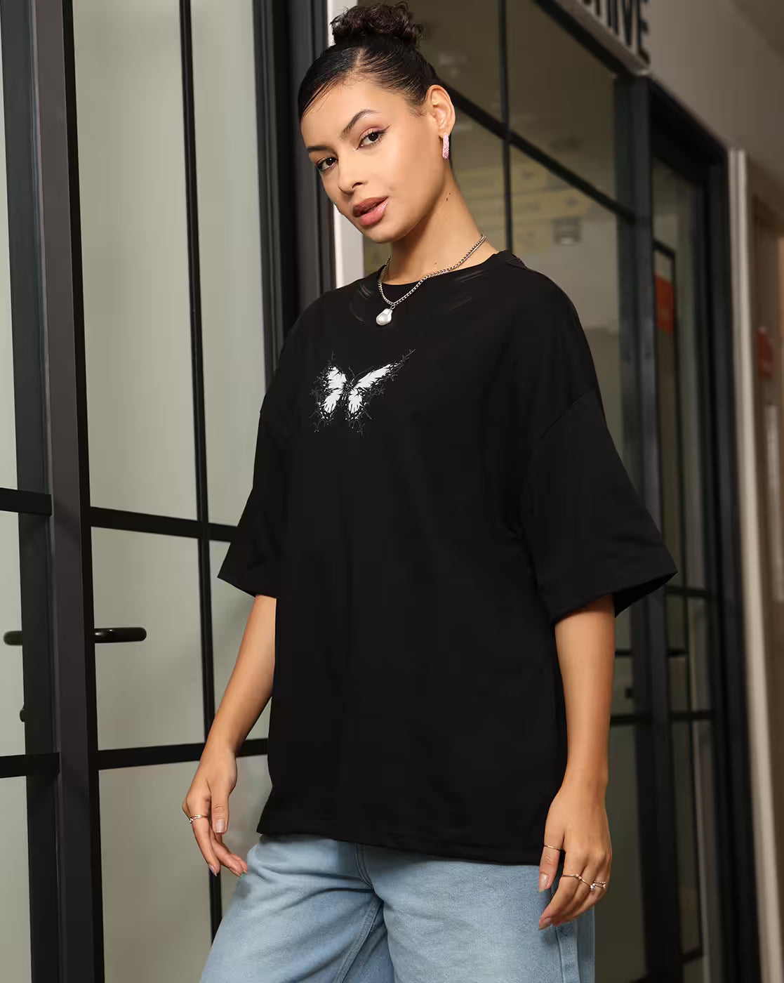 Oversized Fit Drop Shoulder Graphic Back Print Crew Tshirt