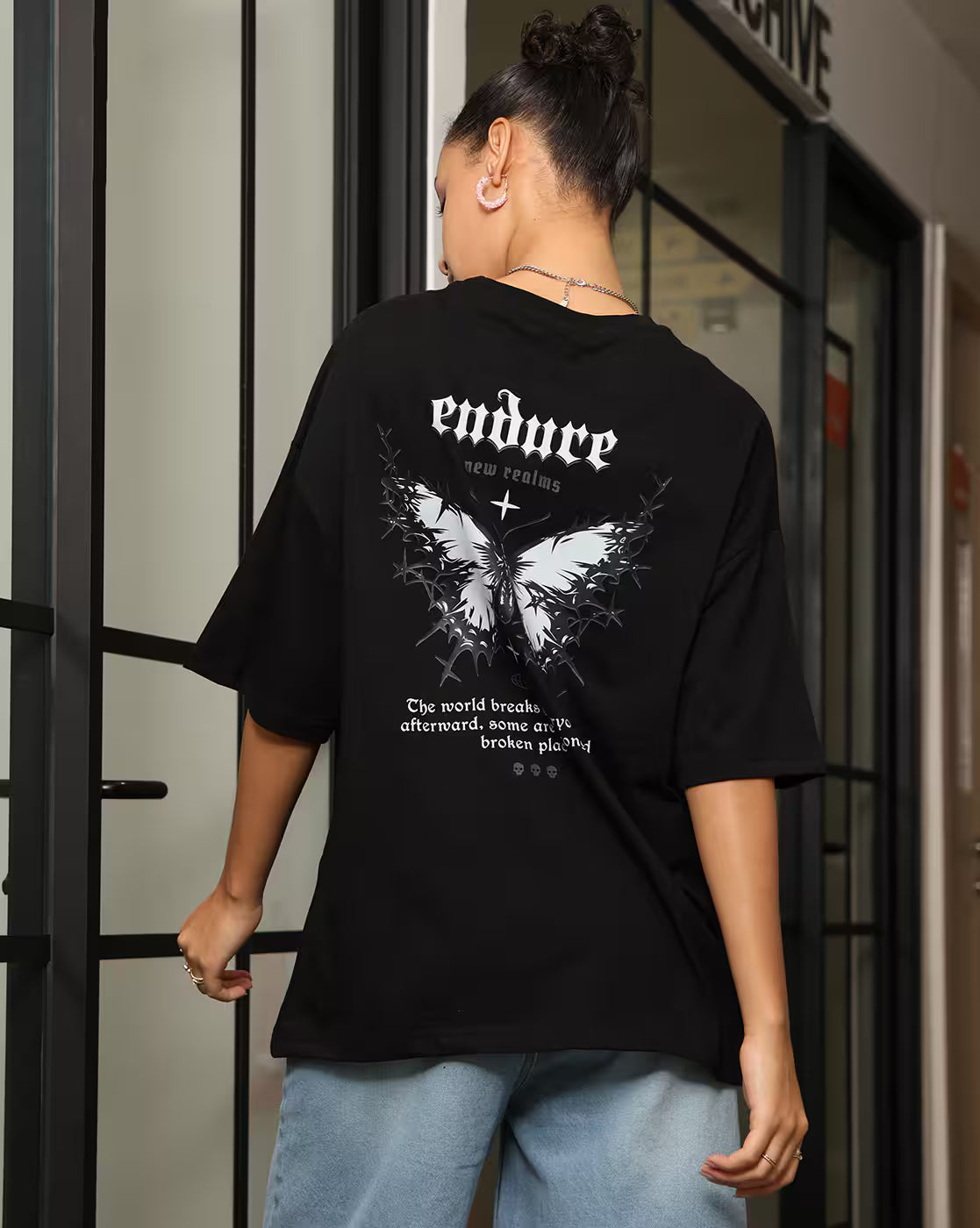 Oversized Fit Drop Shoulder Graphic Back Print Crew Tshirt