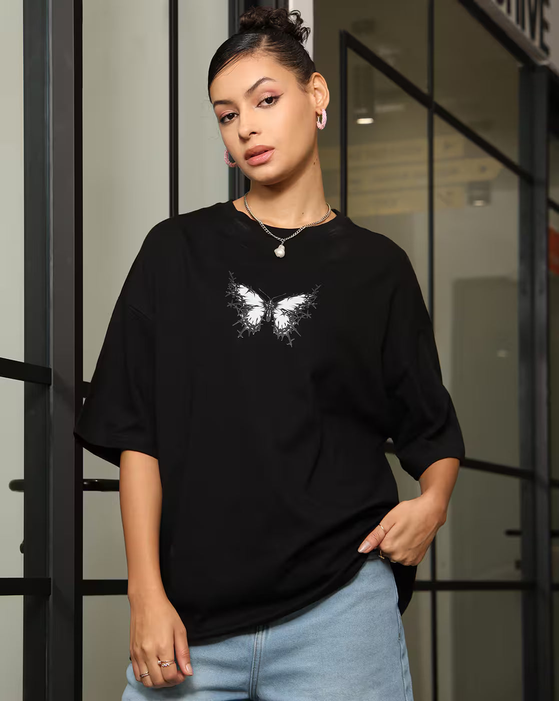 Oversized Fit Drop Shoulder Graphic Back Print Crew Tshirt