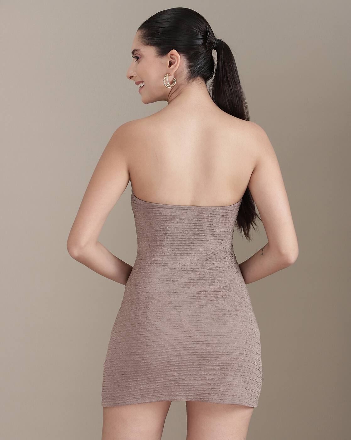 Strapless Ring Detail Textured Bodycon Dress