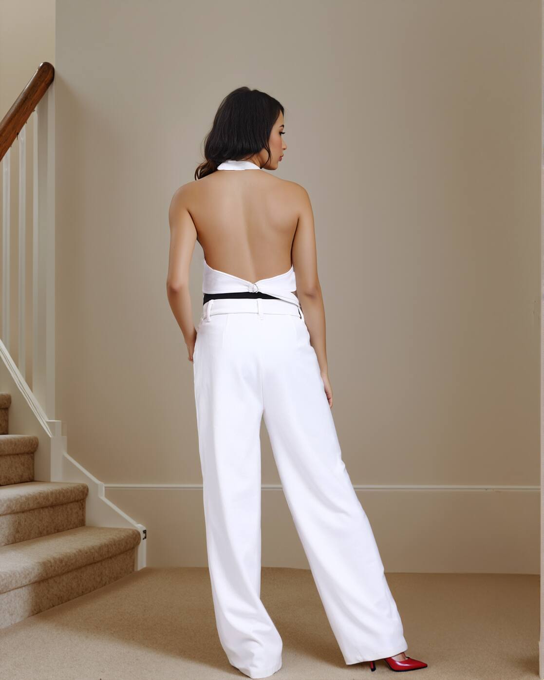 Halter Neck Crop Top with Contrast Waistband Pants