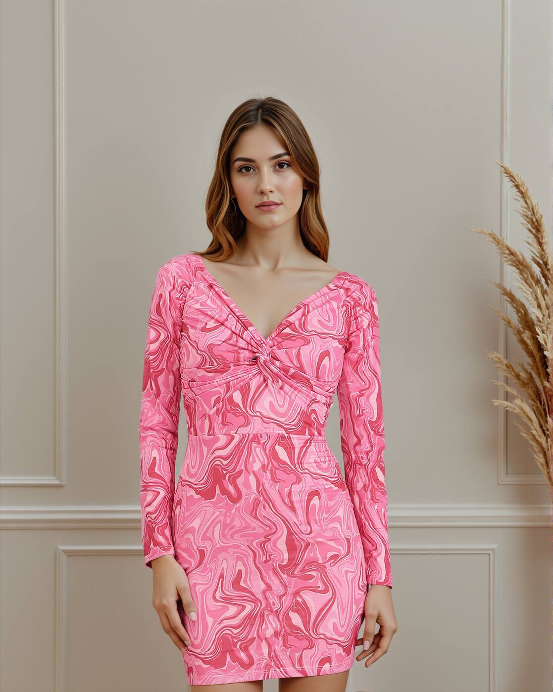 Dressbees Twisted Front Abstract Print Mini Bodycon Dress