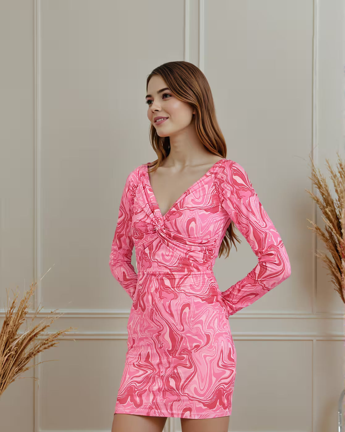 Twisted Front Abstract Print Mini Bodycon Dress