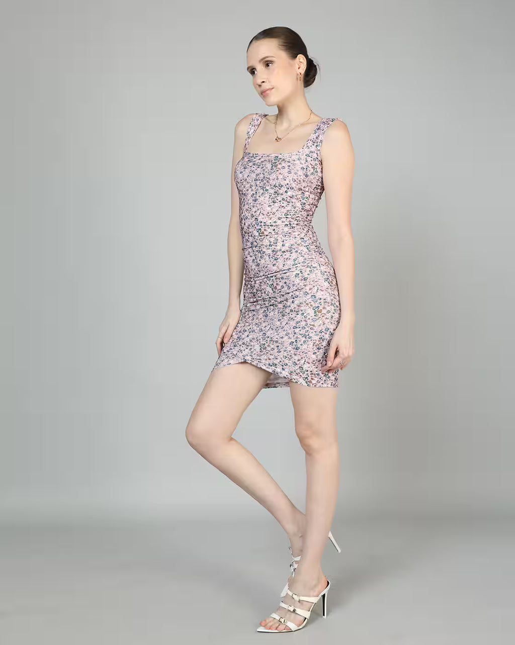 Sleeveless Floral Print Ruched Mini Bodycon Dress