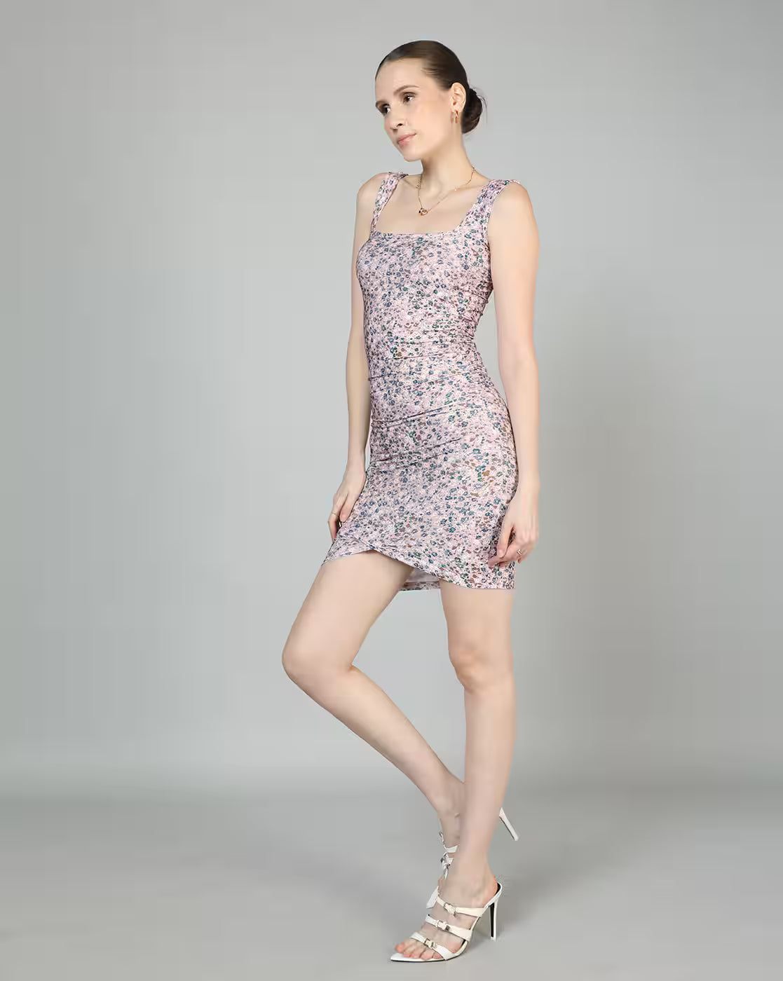 Sleeveless Floral Print Ruched Mini Bodycon Dress